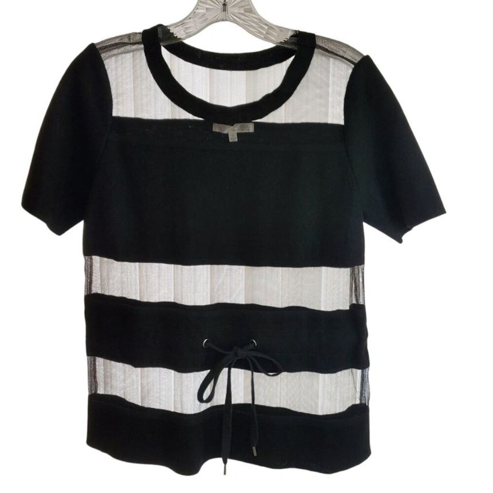 JOA Los Angeles XS Black Sheer Panel Top Wool Blend Tie Waist Short Sleeve